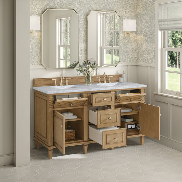 Lorelai 60" Double Vanity, Light Natural Oak w/ 3 CM Carrara White Marble Top