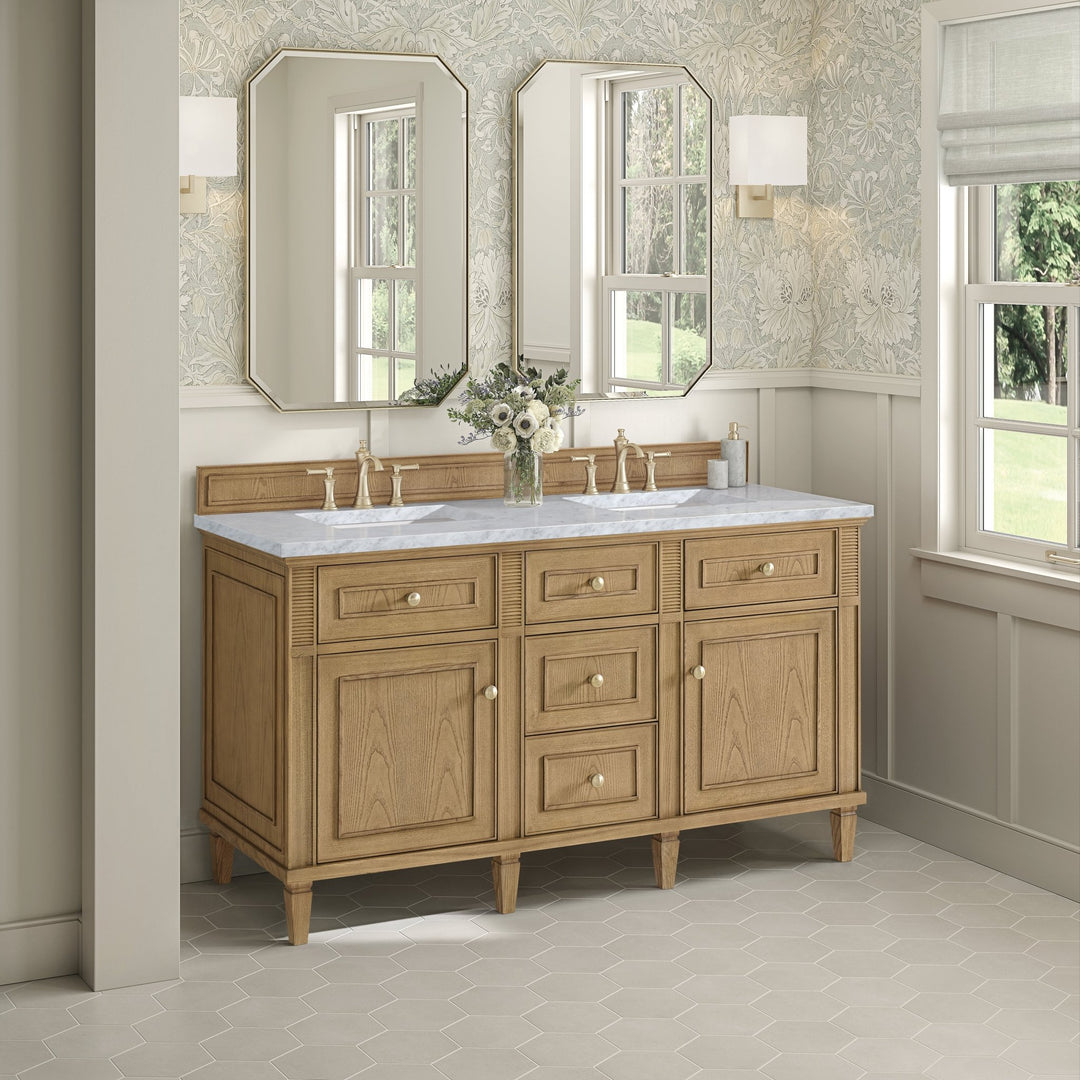 Lorelai 60" Double Vanity, Light Natural Oak w/ 3 CM Carrara White Marble Top