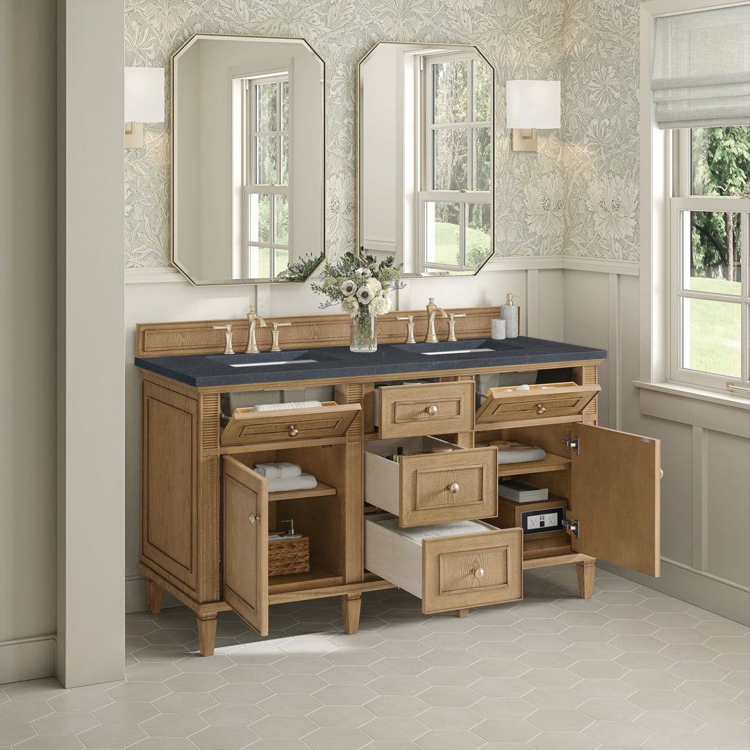 Lorelai 60" Double Vanity, Light Natural Oak w/ 3 CM Charcoal Soapstone Silestone Top
