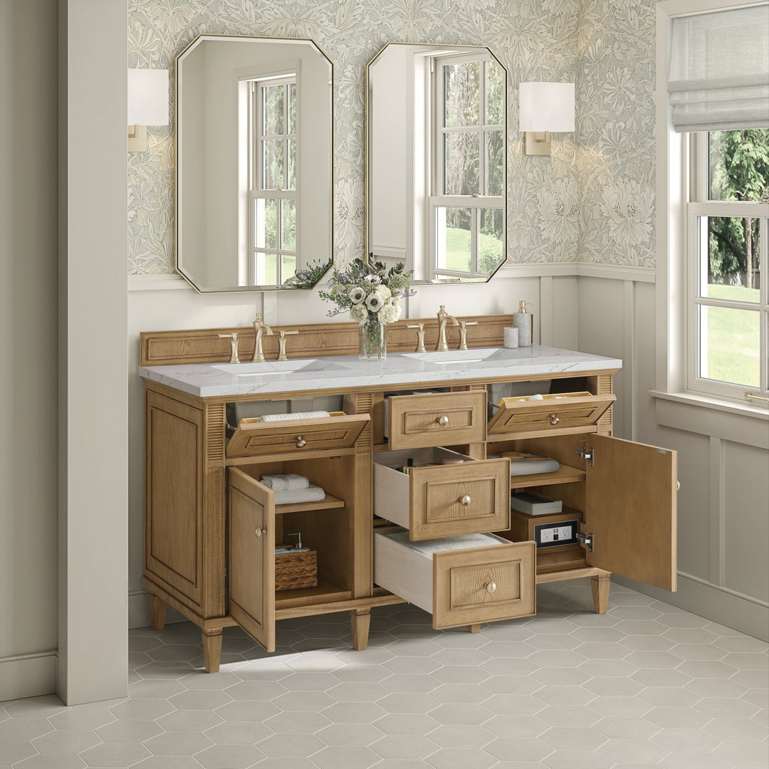 Lorelai 60" Double Vanity, Light Natural Oak w/ 3 CM Ethereal Noctis Silestone Top