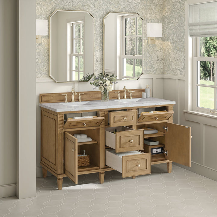 Lorelai 60" Double Vanity, Light Natural Oak w/ 3 CM Ethereal Noctis Silestone Top w/FreePower Wireless Charger