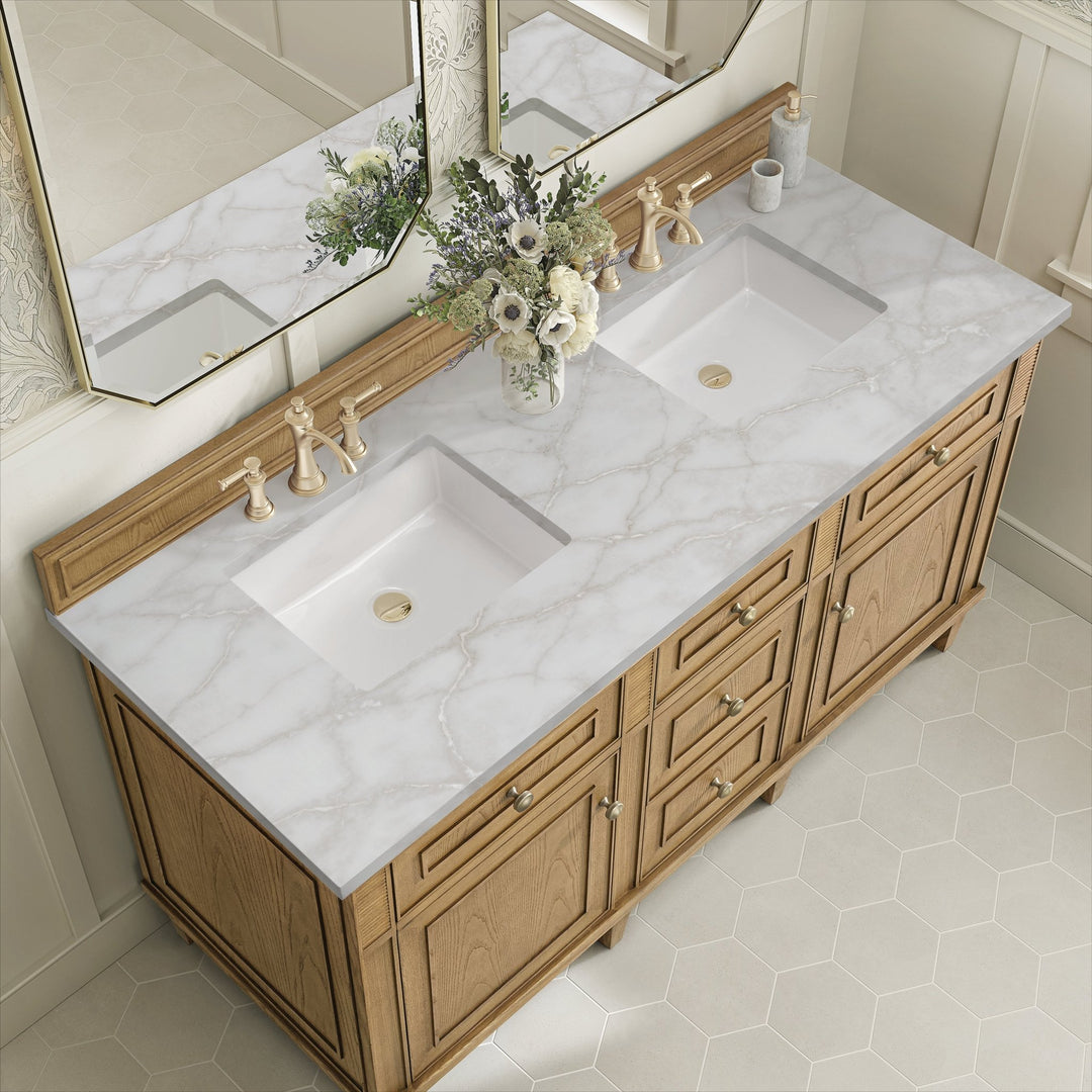 Lorelai 60" Double Vanity, Light Natural Oak w/ 3 CM Victorian Silver Silestone Top w/FreePower Wireless Charger