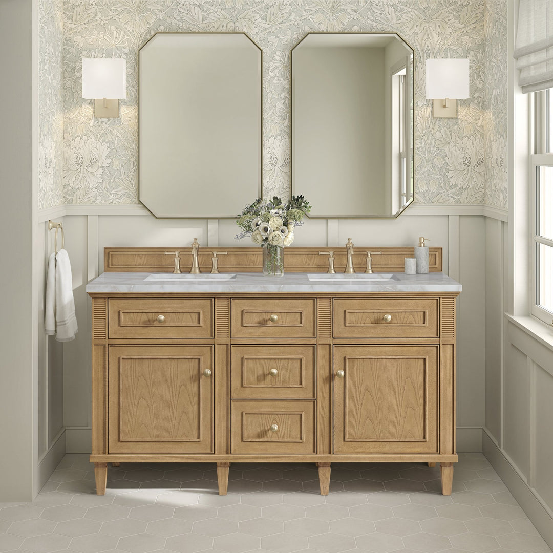 Lorelai 60" Double Vanity, Light Natural Oak w/ 3 CM Victorian Silver Silestone Top w/FreePower Wireless Charger