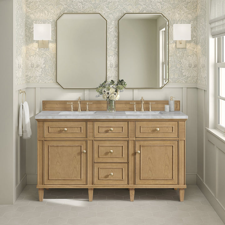 Lorelai 60" Double Vanity, Light Natural Oak w/ 3 CM Victorian Silver Silestone Top w/FreePower Wireless Charger