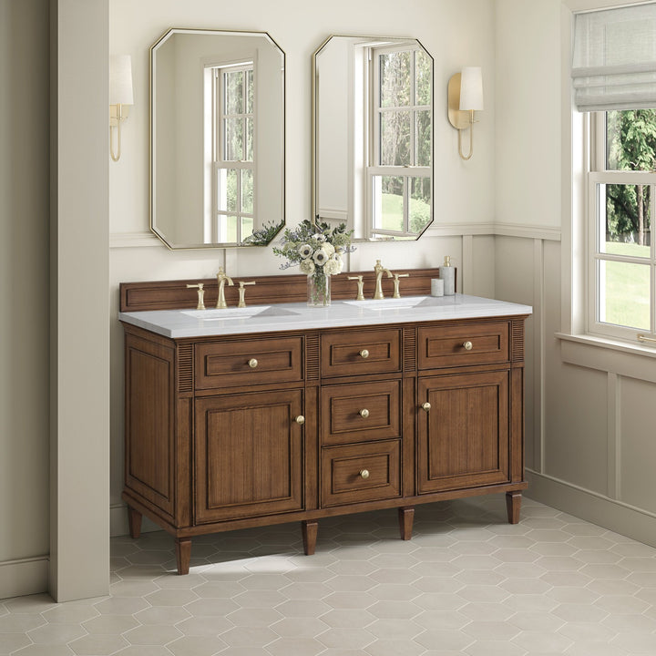 Lorelai 60" Double Vanity, Mid-Century Walnut w/ 3 CM Arctic Fall Solid Surface Top