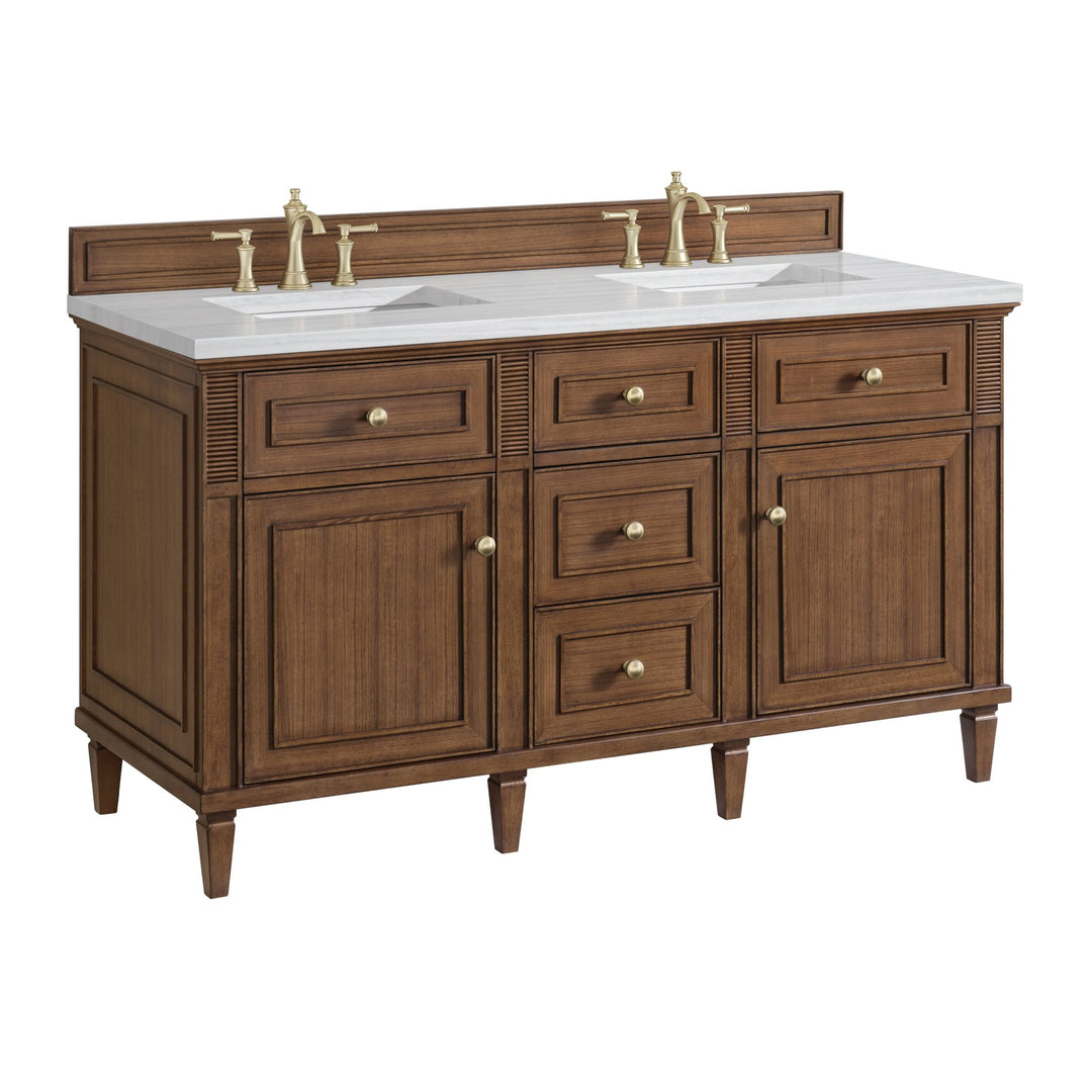 Lorelai 60" Double Vanity, Mid-Century Walnut w/ 3 CM Arctic Fall Solid Surface Top
