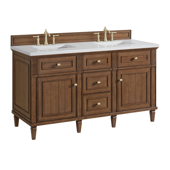 Lorelai 60" Double Vanity, Mid-Century Walnut w/ 3 CM Arctic Fall Solid Surface Top