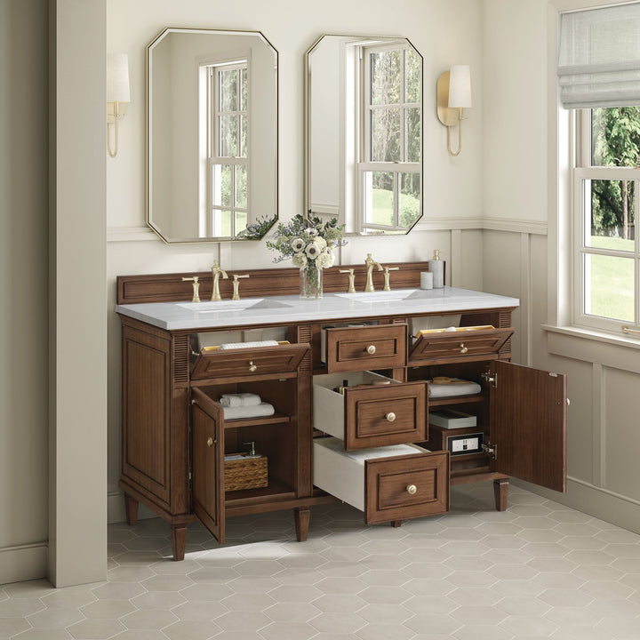 Lorelai 60" Double Vanity, Mid-Century Walnut w/ 3 CM Arctic Fall Solid Surface Top