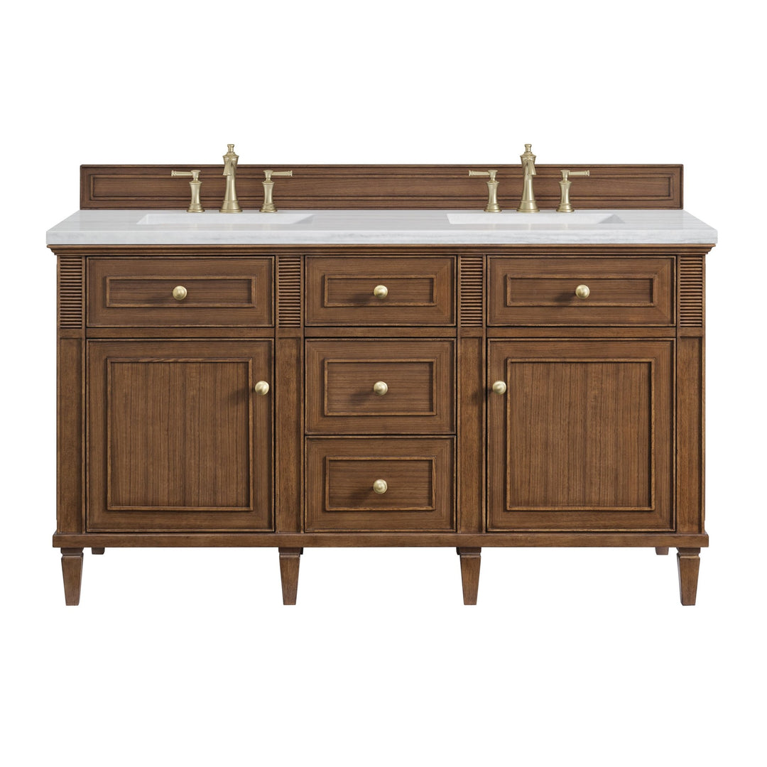 Lorelai 60" Double Vanity, Mid-Century Walnut w/ 3 CM Arctic Fall Solid Surface Top