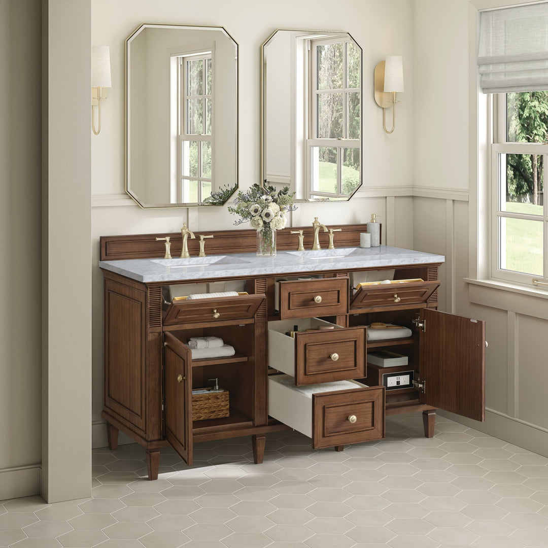 Lorelai 60" Double Vanity, Mid-Century Walnut w/ 3 CM Carrara White Marble Top