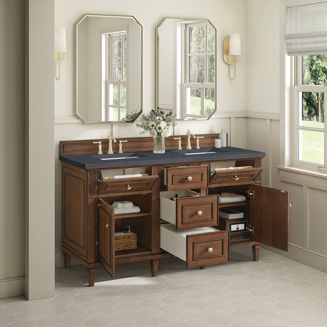 Lorelai 60" Double Vanity, Mid-Century Walnut w/ 3 CM Charcoal Soapstone Silestone Top