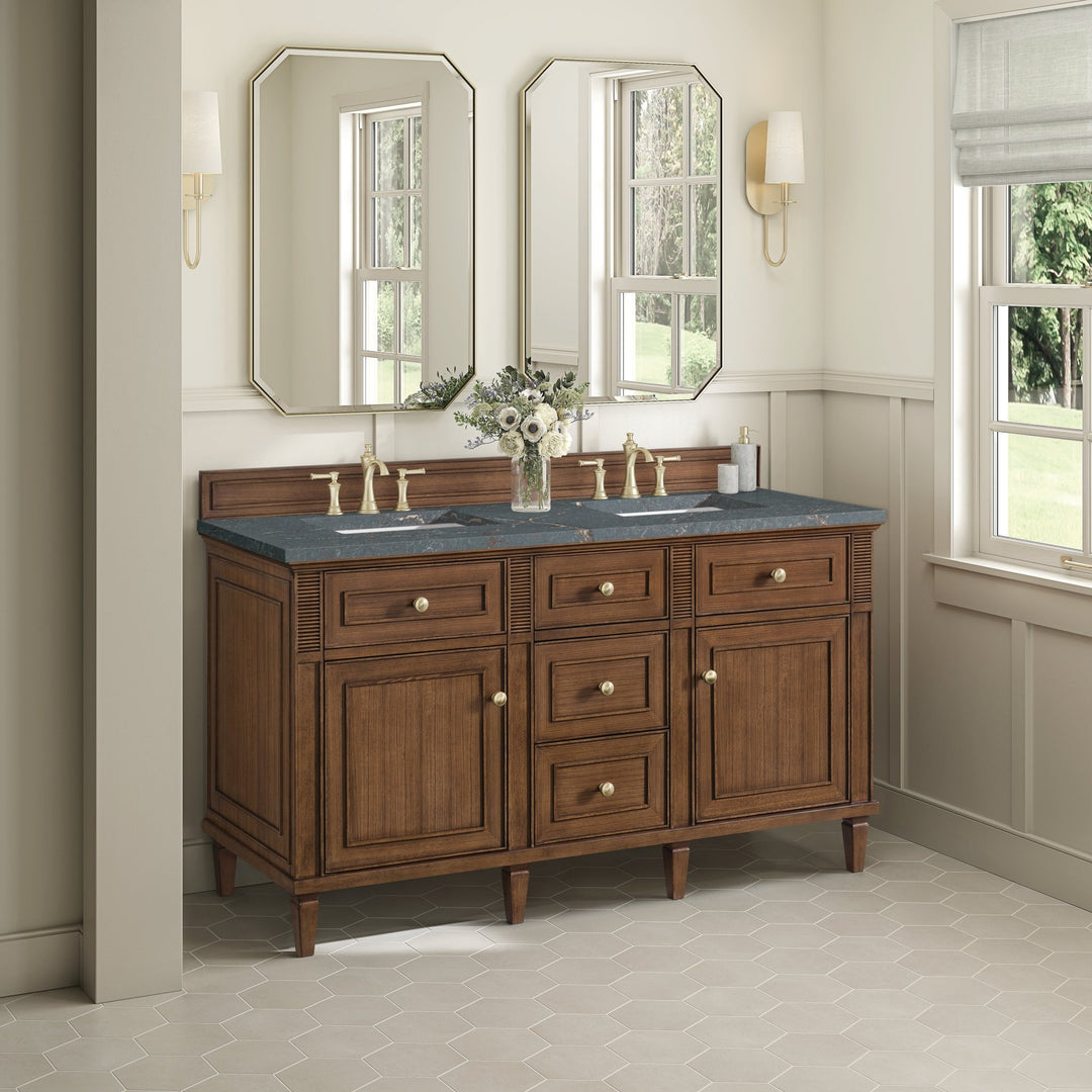 Lorelai 60" Double Vanity, Mid-Century Walnut w/ 3 CM Parisien Bleu Silestone Top