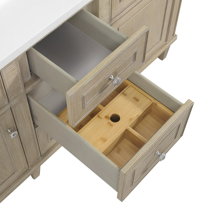 Lorelai 60" Double Vanity, Whitewashed Oak w/ 3 CM Arctic Fall Solid Surface Top