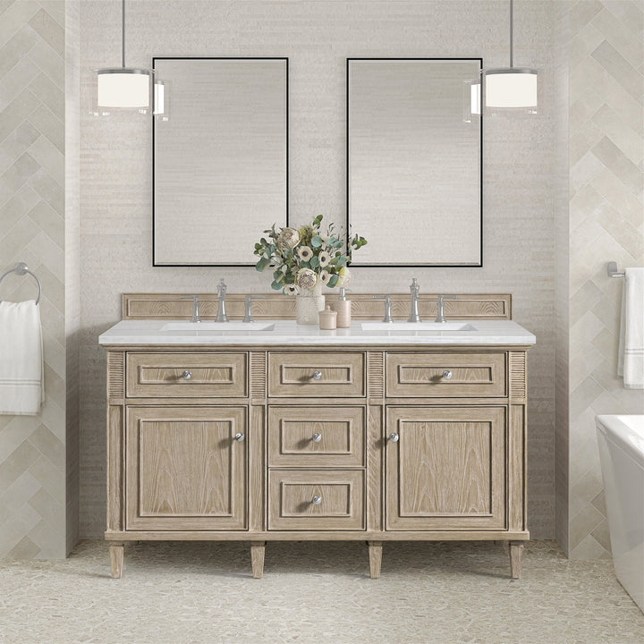 Lorelai 60" Double Vanity, Whitewashed Oak w/ 3 CM Arctic Fall Solid Surface Top