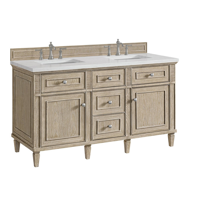 Lorelai 60" Double Vanity, Whitewashed Oak w/ 3 CM Arctic Fall Solid Surface Top
