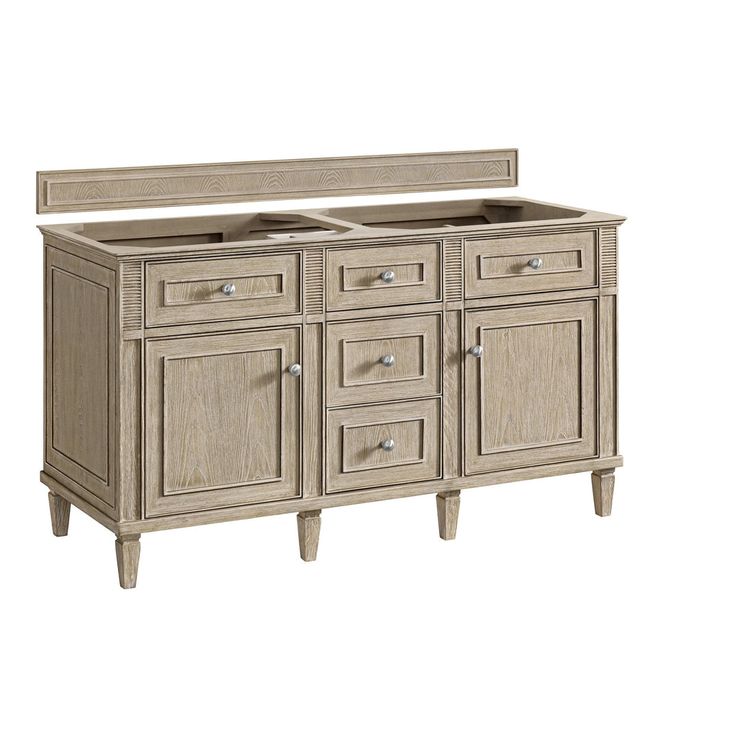Lorelai 60" Double Vanity, Whitewashed Oak w/ 3 CM Arctic Fall Solid Surface Top