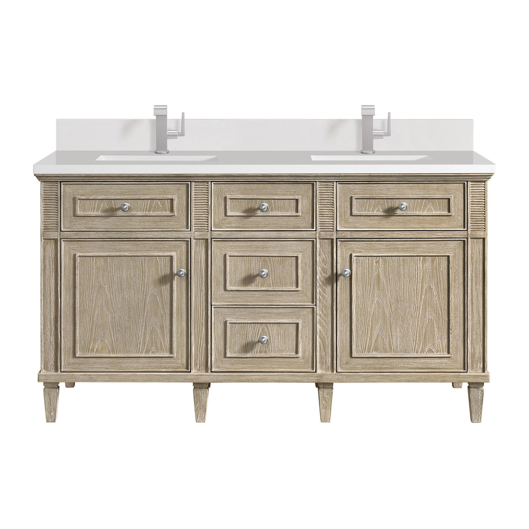 Lorelai 60" Double Vanity, Whitewashed Oak w/ Single Hole 3 CM White Zeus Silestone Top & Backsplash