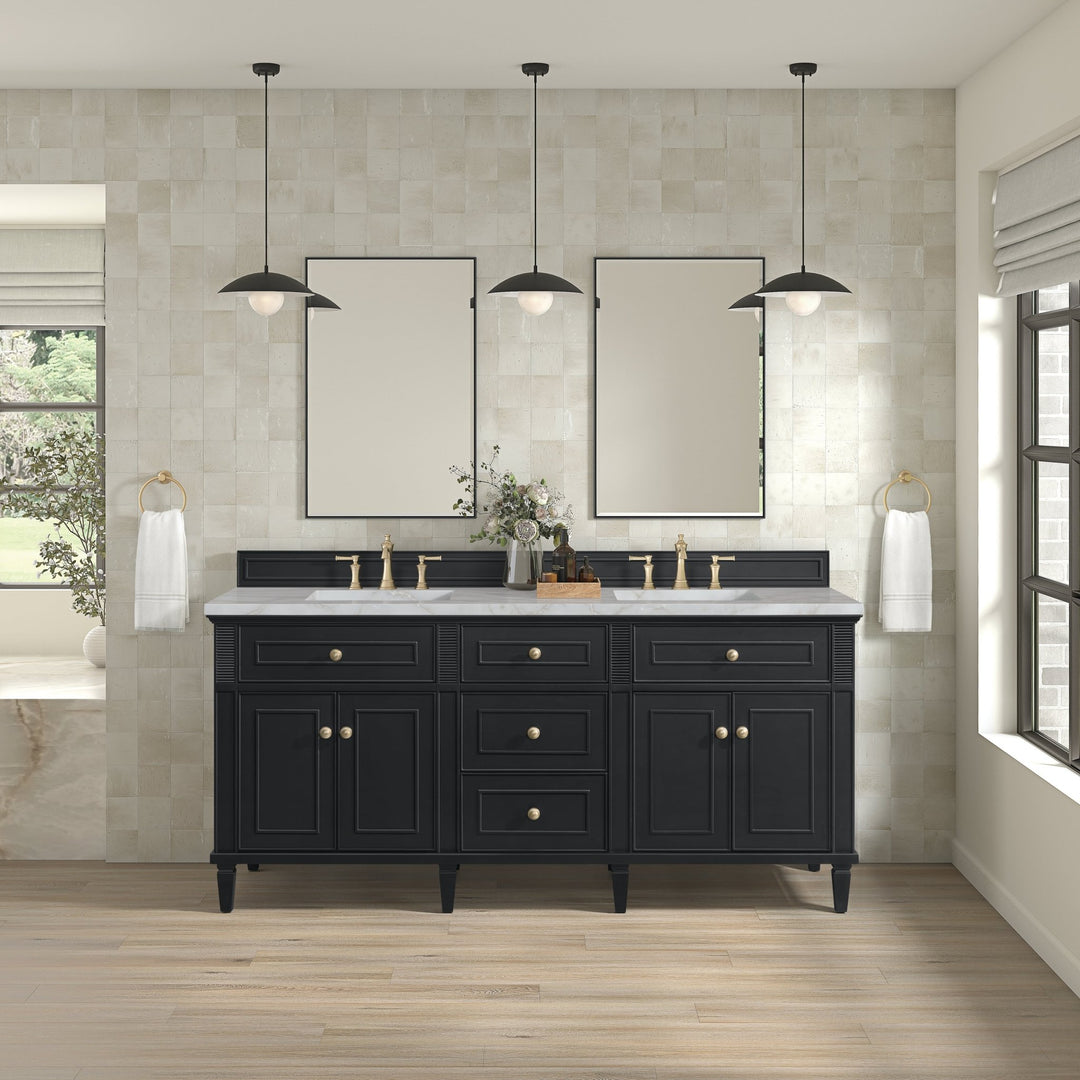 Lorelai 72" Double Vanity, Black Onyx w/ 3 CM Victorian Silver Silestone Top