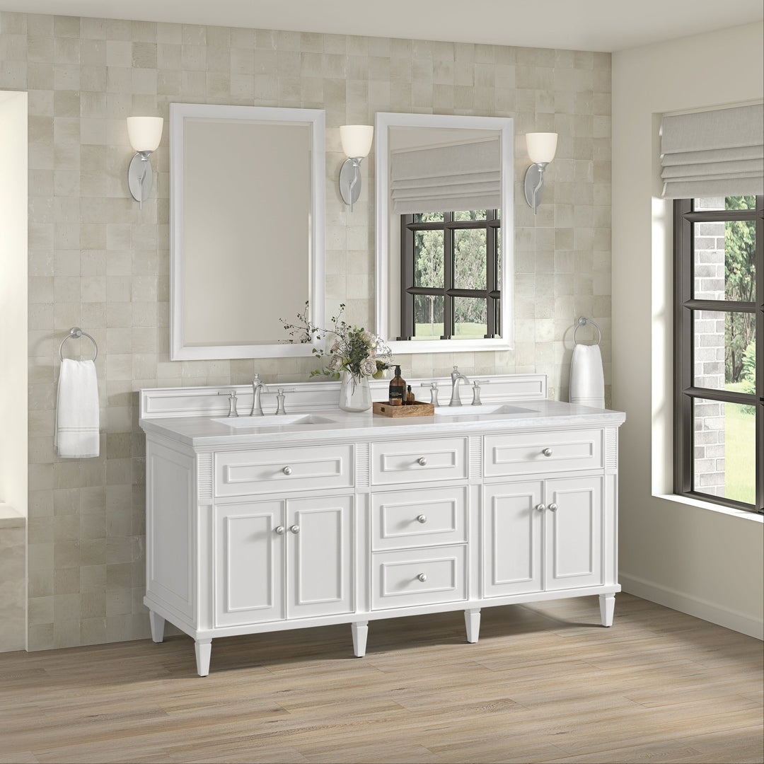Lorelai 72" Double Vanity, Bright White w/ 3 CM Arctic Fall Solid Surface Top