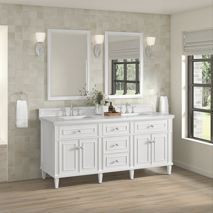 Lorelai 72" Double Vanity, Bright White w/ 3 CM Arctic Fall Solid Surface Top