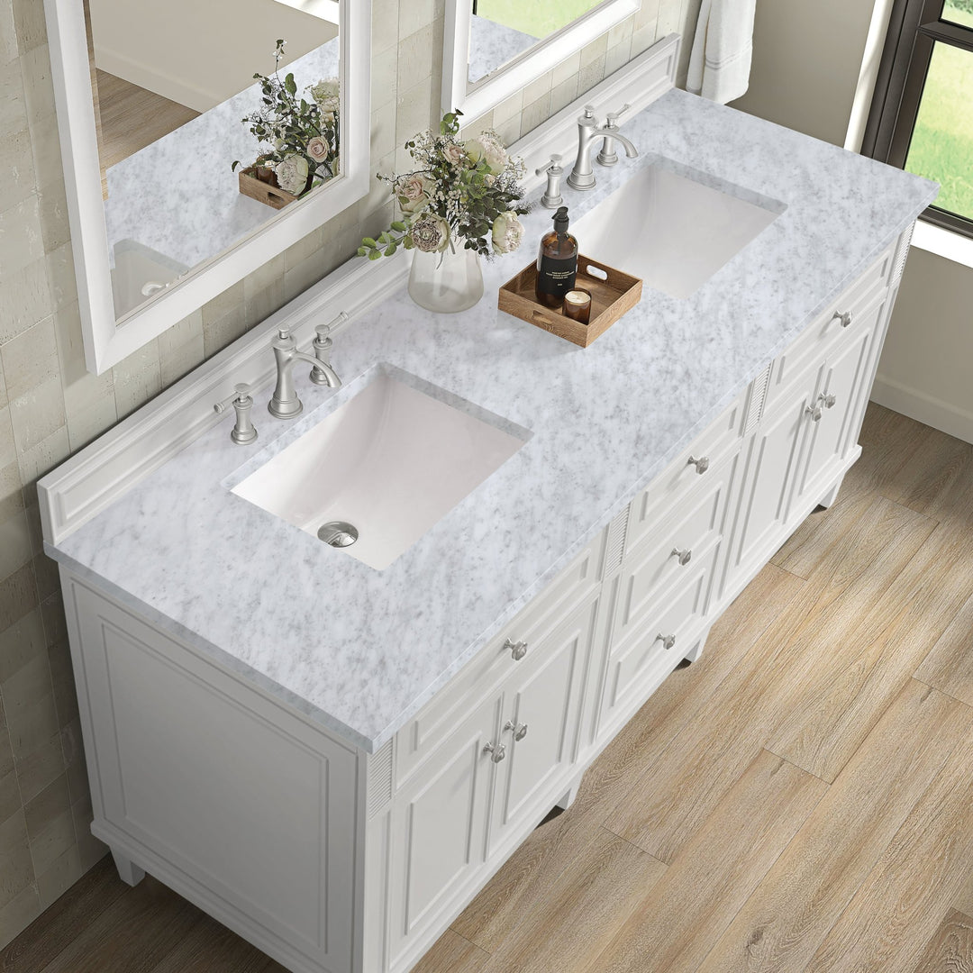 Lorelai 72" Double Vanity, Bright White w/ 3 CM Carrara White Marble Top