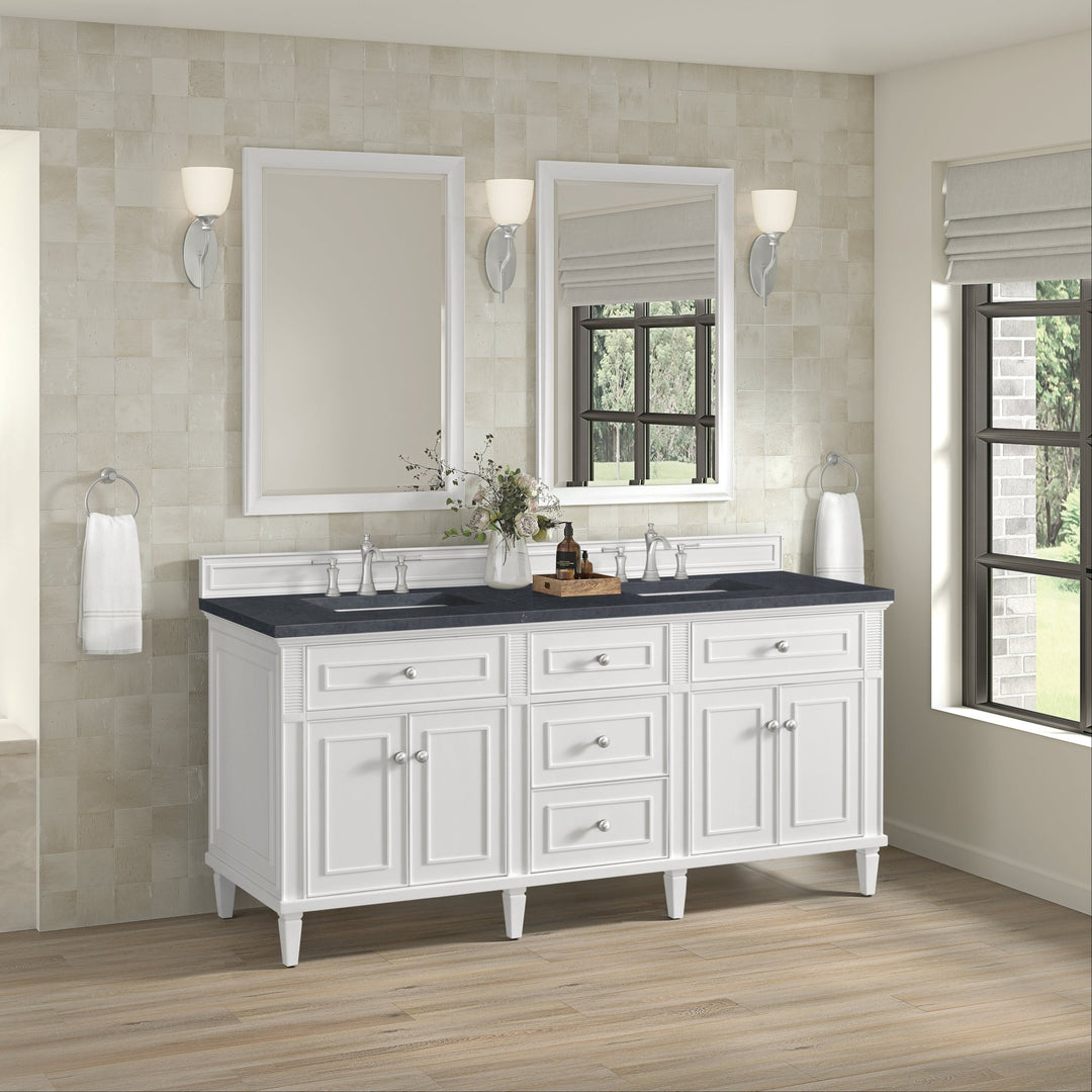 Lorelai 72" Double Vanity, Bright White w/ 3 CM Charcoal Soapstone Silestone Top