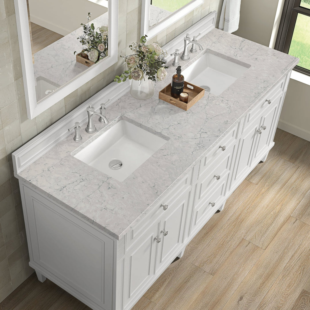 Lorelai 72" Double Vanity, Bright White w/ 3 CM Eternal Jasmine Pearl Silestone Top w/FreePower Wireless Charger