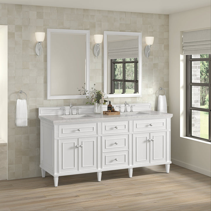 Lorelai 72" Double Vanity, Bright White w/ 3 CM Eternal Jasmine Pearl Silestone Top w/FreePower Wireless Charger