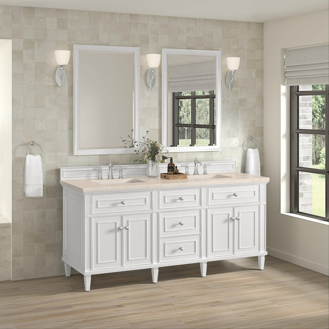 Lorelai 72" Double Vanity, Bright White w/ 3 CM Eternal Marfil Silestone Top