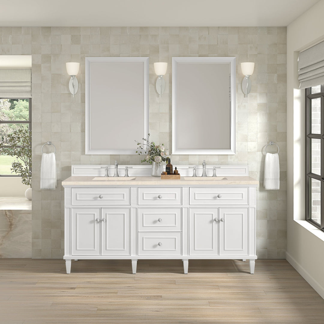 Lorelai 72" Double Vanity, Bright White w/ 3 CM Eternal Marfil Silestone Top