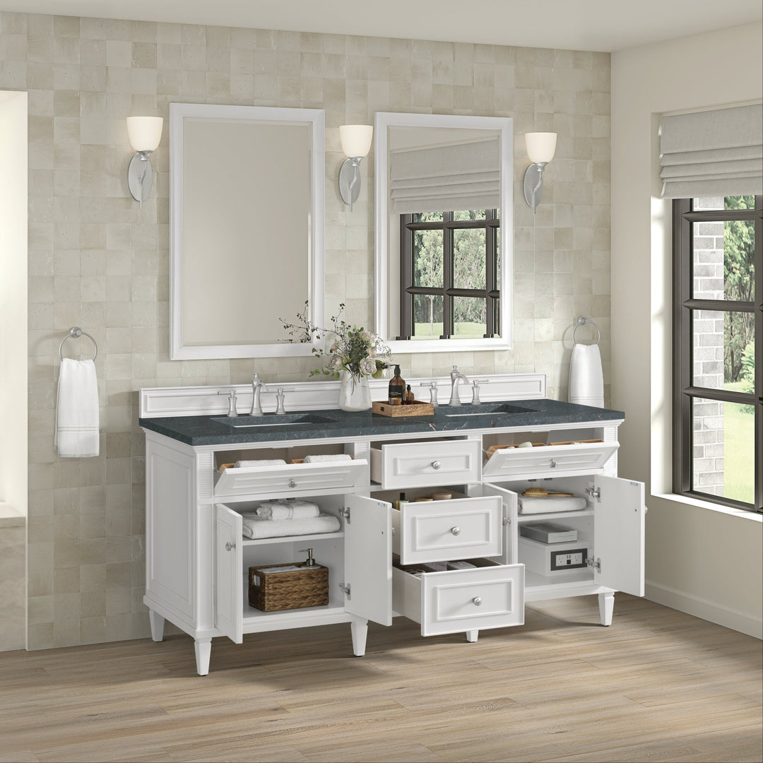 Lorelai 72" Double Vanity, Bright White w/ 3 CM Parisien Bleu Silestone Top w/FreePower Wireless Charger