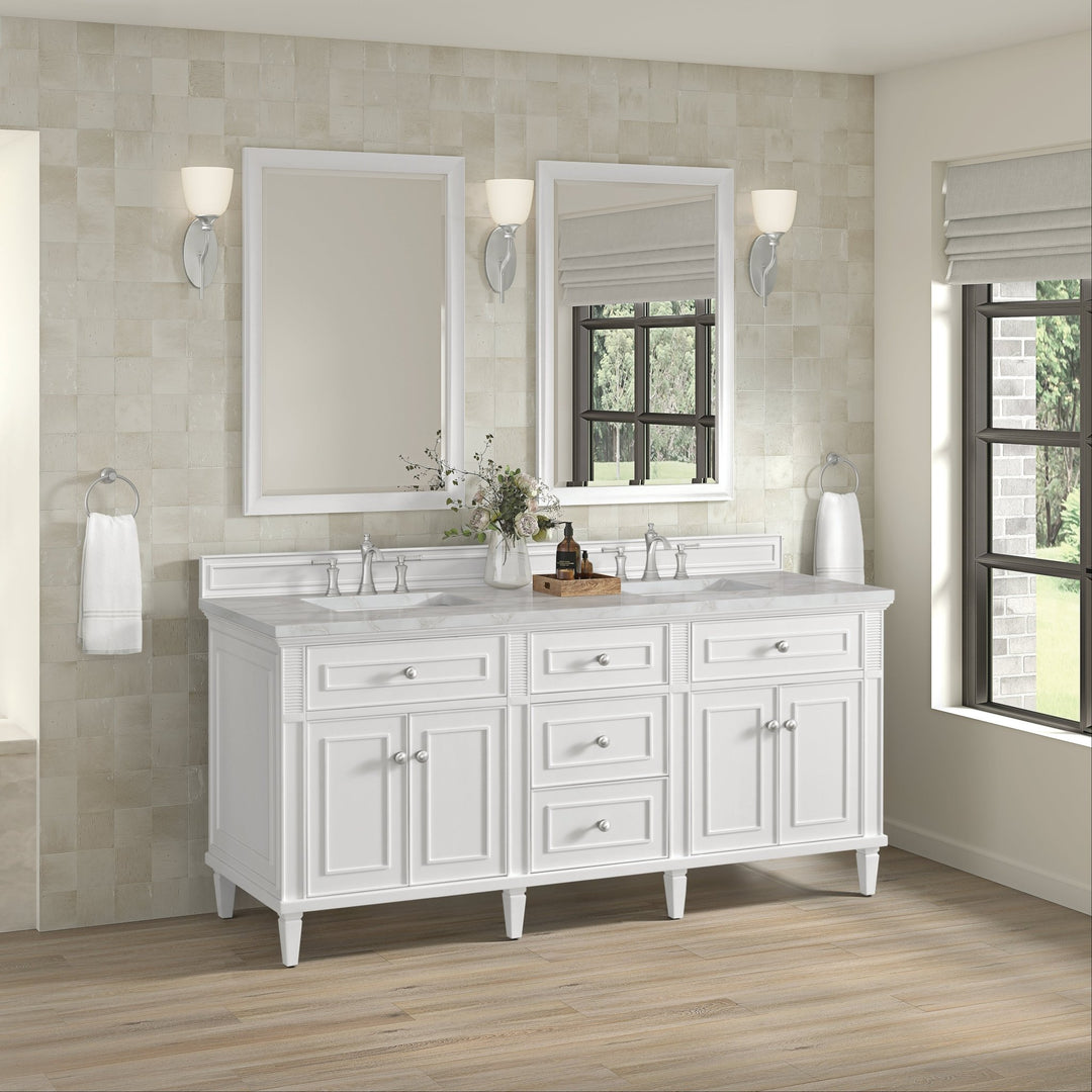 Lorelai 72" Double Vanity, Bright White w/ 3 CM Victorian Silver Silestone Top w/FreePower Wireless Charger