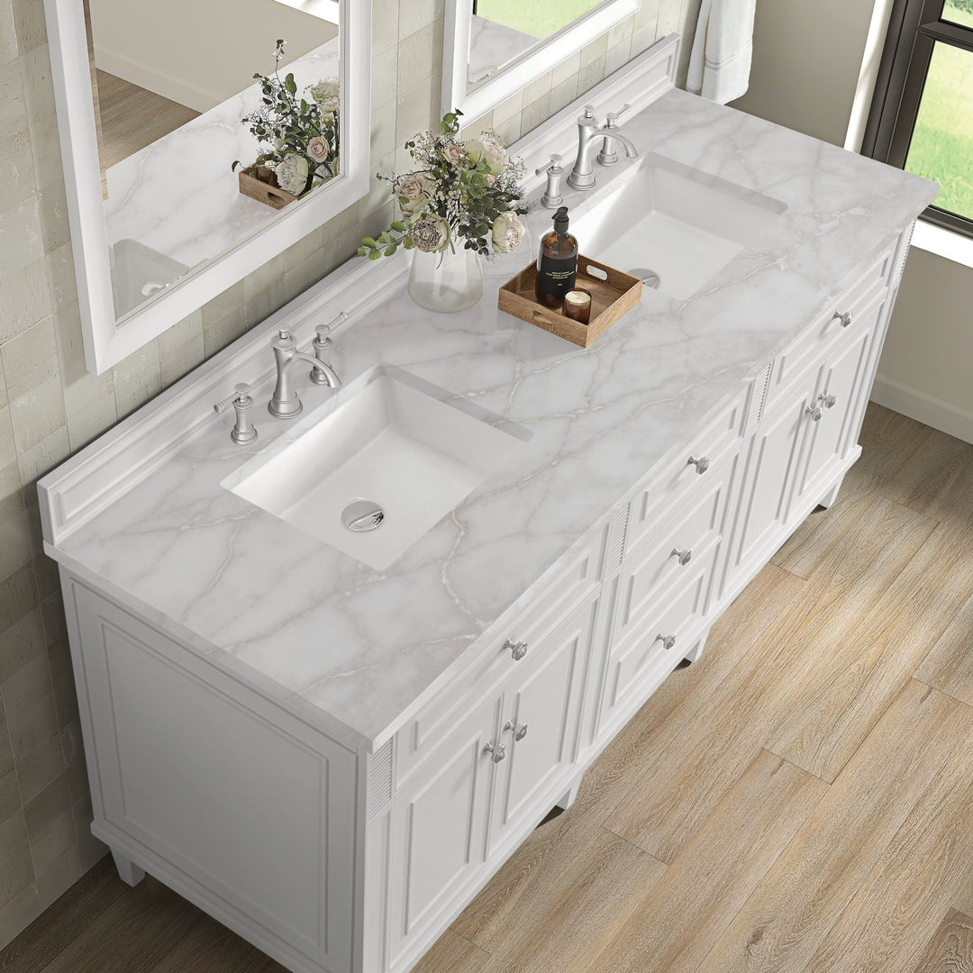 Lorelai 72" Double Vanity, Bright White w/ 3 CM Victorian Silver Silestone Top w/FreePower Wireless Charger