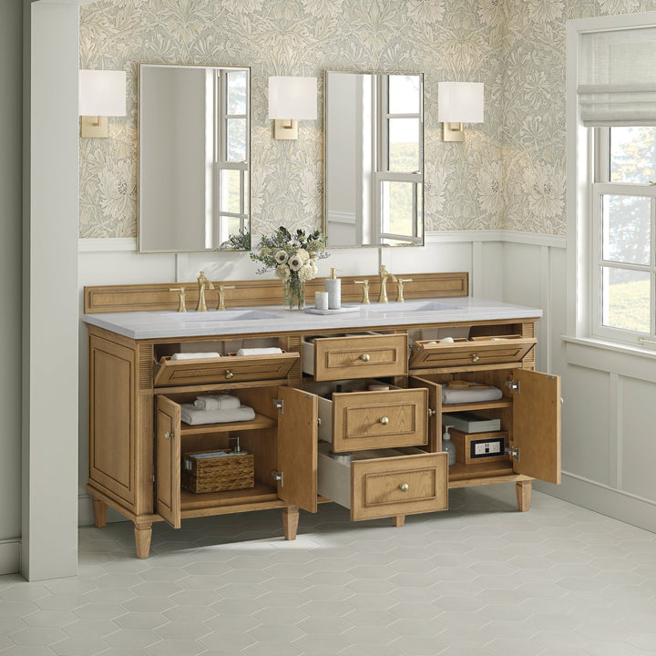 Lorelai 72" Double Vanity, Light Natural Oak w/ 3 CM Arctic Fall Solid Surface Top