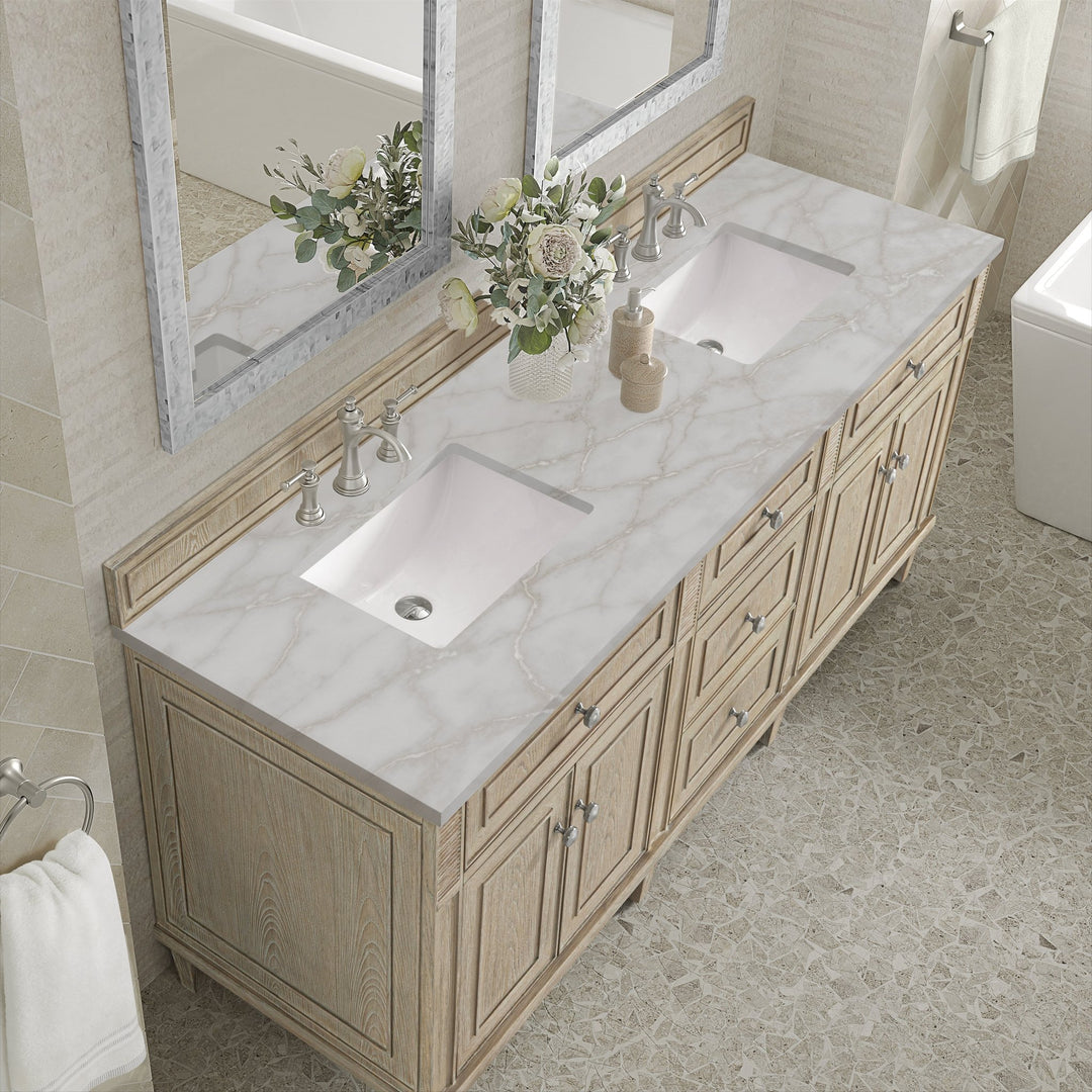 Lorelai 72" Double Vanity, Whitewashed Oak w/ 3 CM Victorian Silver Silestone Top w/FreePower Wireless Charger