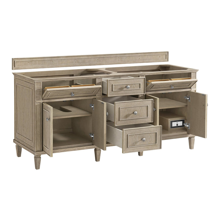 Lorelai 72" Double Vanity, Whitewashed Oak w/ 3 CM Victorian Silver Silestone Top w/FreePower Wireless Charger