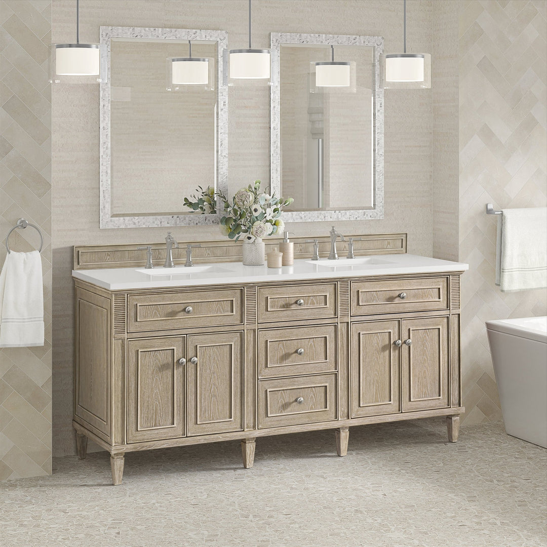Lorelai 72" Double Vanity, Whitewashed Oak w/ 3 CM White Zeus Silestone Top