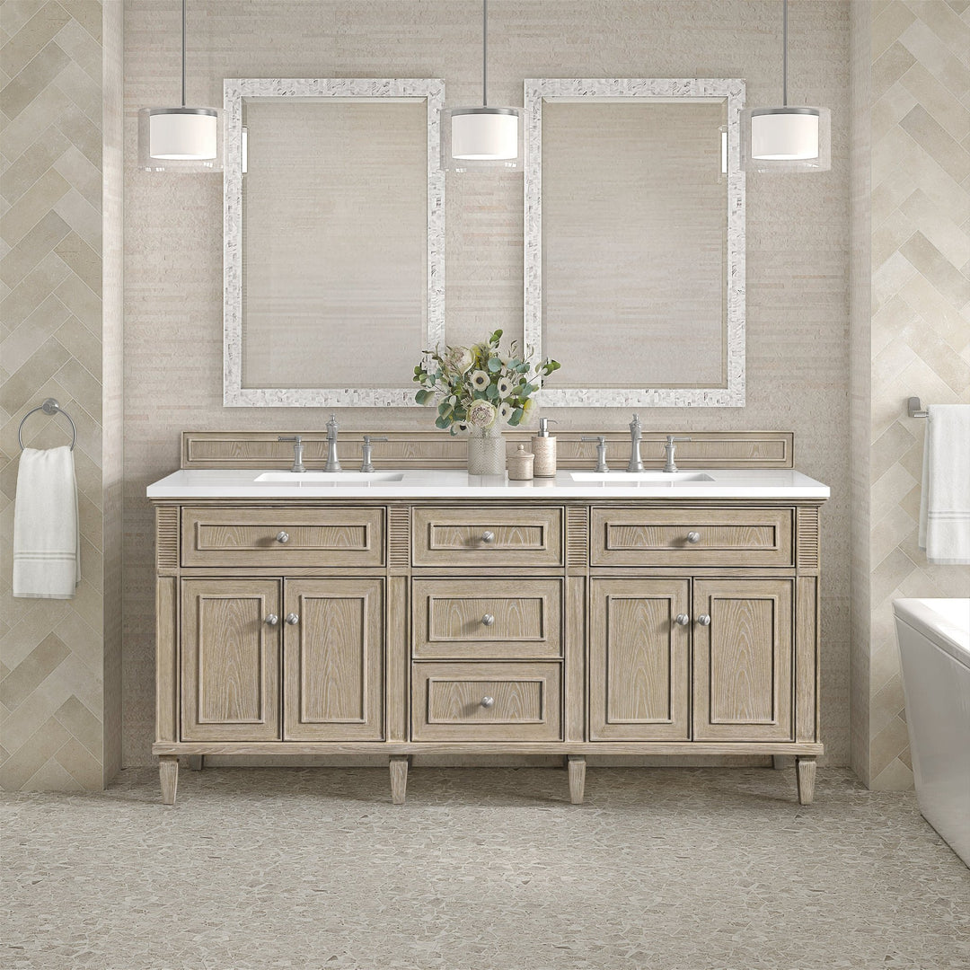 Lorelai 72" Double Vanity, Whitewashed Oak w/ 3 CM White Zeus Silestone Top