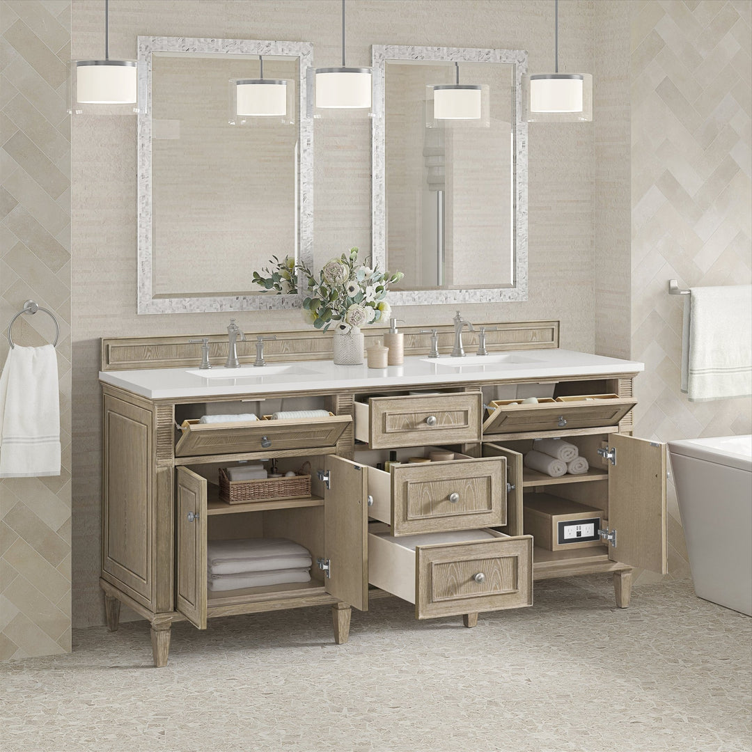 Lorelai 72" Double Vanity, Whitewashed Oak w/ 3 CM White Zeus Silestone Top