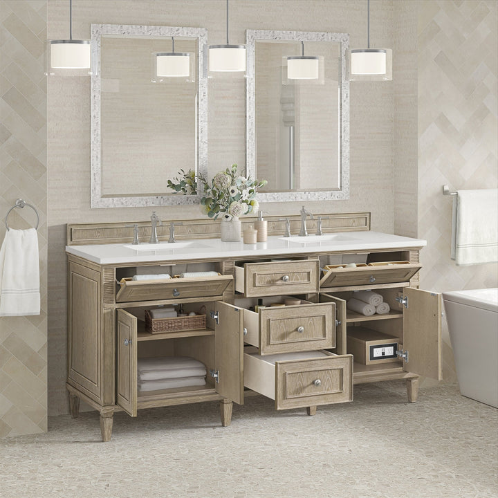 Lorelai 72" Double Vanity, Whitewashed Oak w/ 3 CM White Zeus Silestone Top