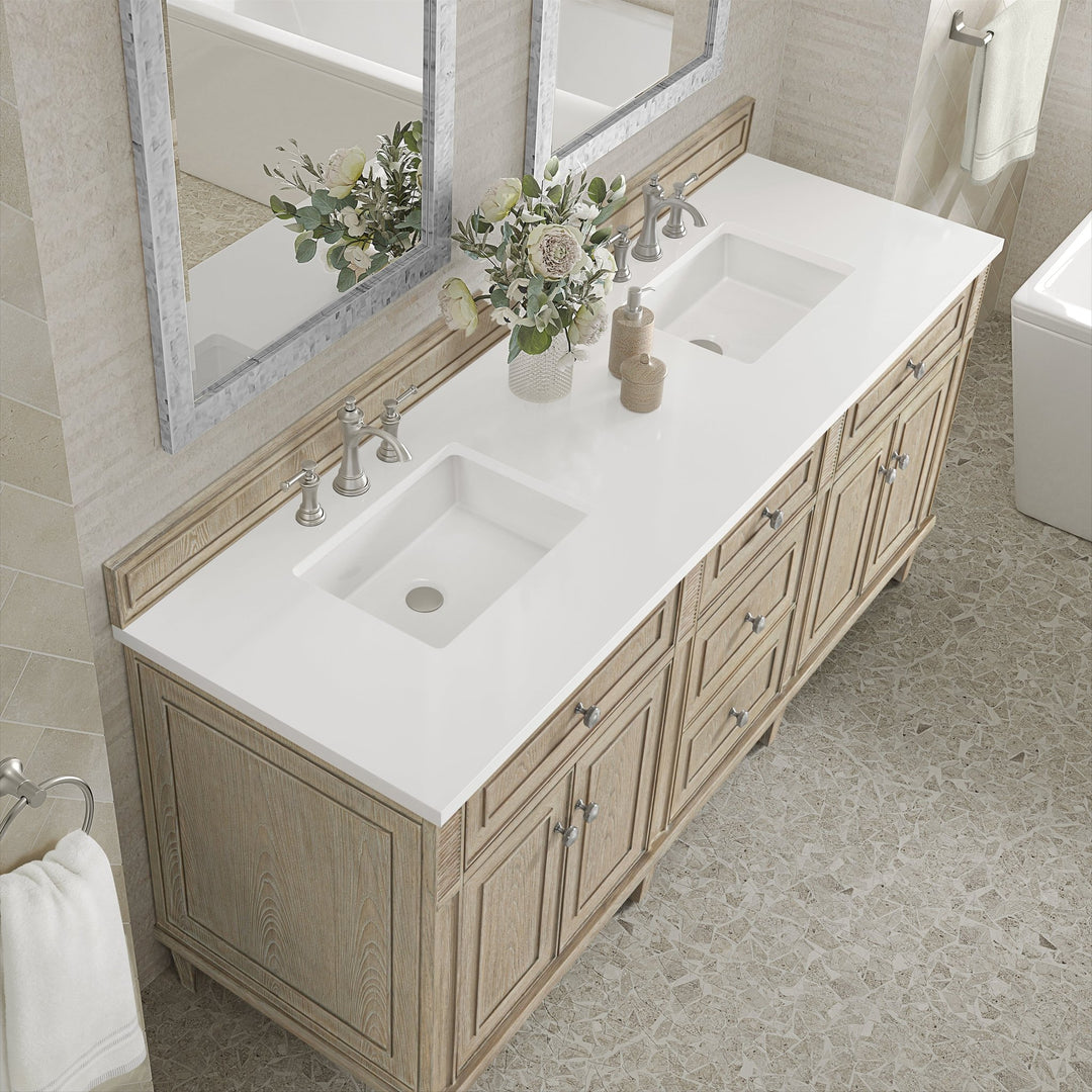 Lorelai 72" Double Vanity, Whitewashed Oak w/ 3 CM White Zeus Silestone Top