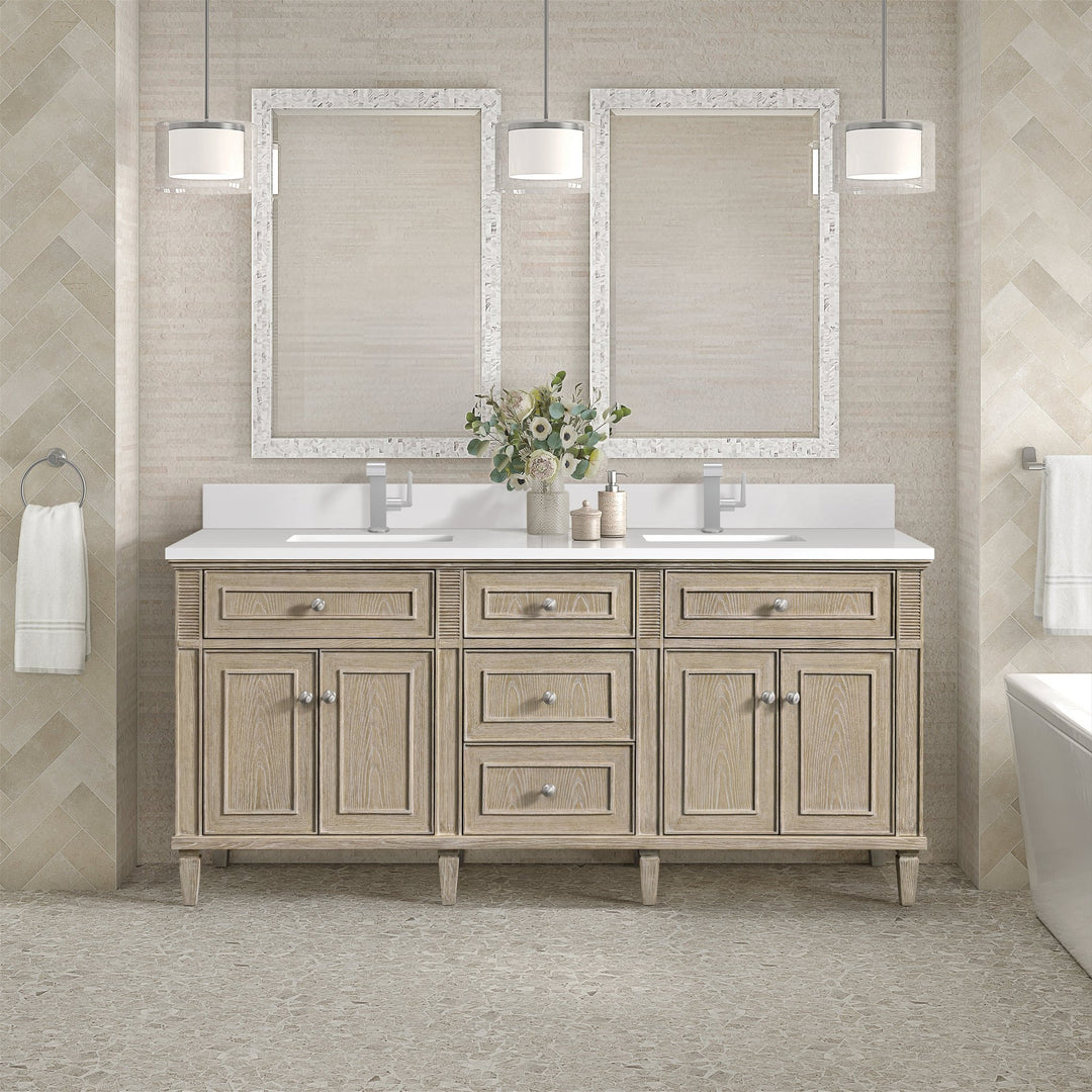 Lorelai 72" Double Vanity, Whitewashed Oak w/ Single Hole 3 CM White Zeus Silestone Top & Backsplash
