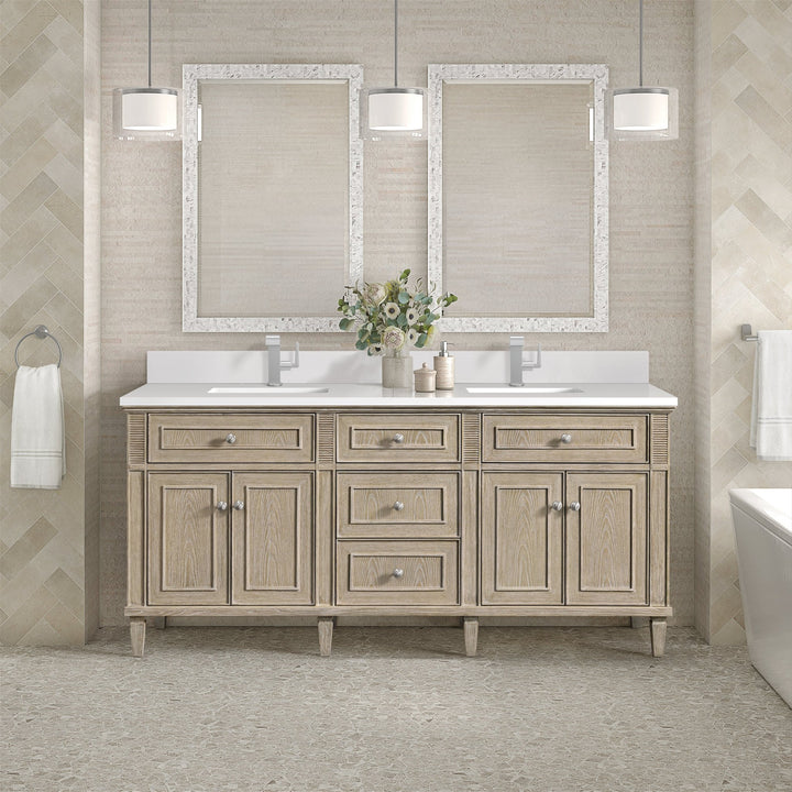 Lorelai 72" Double Vanity, Whitewashed Oak w/ Single Hole 3 CM White Zeus Silestone Top & Backsplash