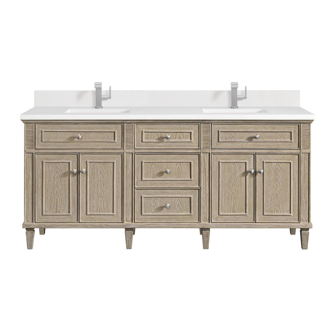 Lorelai 72" Double Vanity, Whitewashed Oak w/ Single Hole 3 CM White Zeus Silestone Top & Backsplash