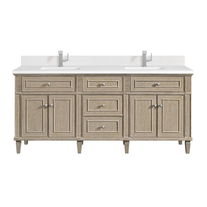 Lorelai 72" Double Vanity, Whitewashed Oak w/ Single Hole 3 CM White Zeus Silestone Top & Backsplash