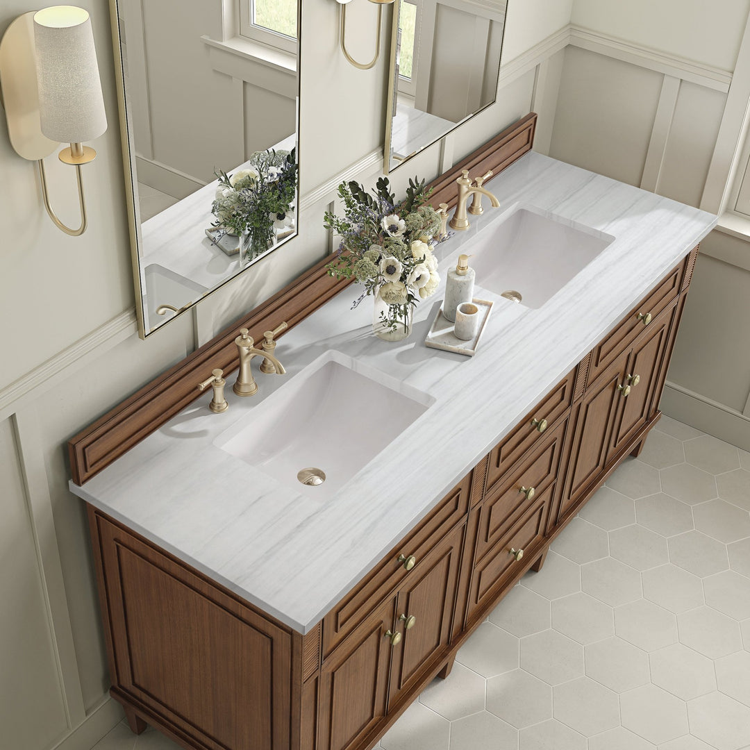 Lorelai 72"Double Vanity, Mid-Century Walnut w/ 3 CM Arctic Fall Solid Surface Top