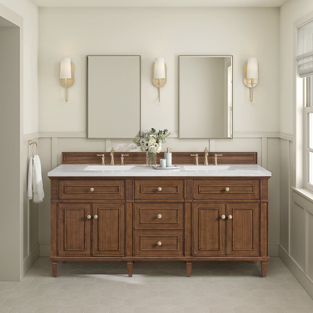 Lorelai 72"Double Vanity, Mid-Century Walnut w/ 3 CM Arctic Fall Solid Surface Top
