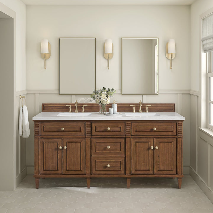 Lorelai 72"Double Vanity, Mid-Century Walnut w/ 3 CM Arctic Fall Solid Surface Top