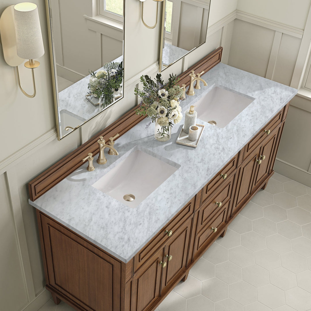 Lorelai 72"Double Vanity, Mid-Century Walnut w/ 3 CM Carrara White Marble Top