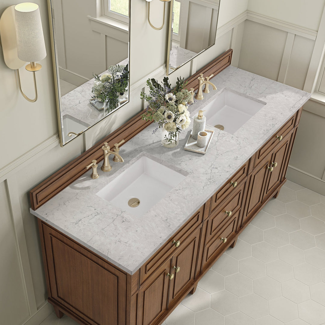 Lorelai 72"Double Vanity, Mid-Century Walnut w/ 3 CM Eternal Jasmine Pearl Silestone Top w/FreePower Wireless Charger